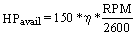 HPavail = 150 * n * RPM/2600